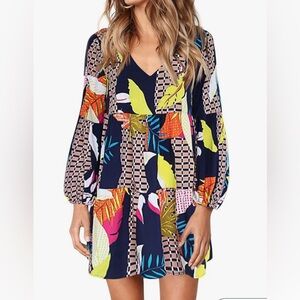 Amoretu Women Tunic Dress V Neck Casual Loose Flowy Swing Shift Dress Sz 2XL